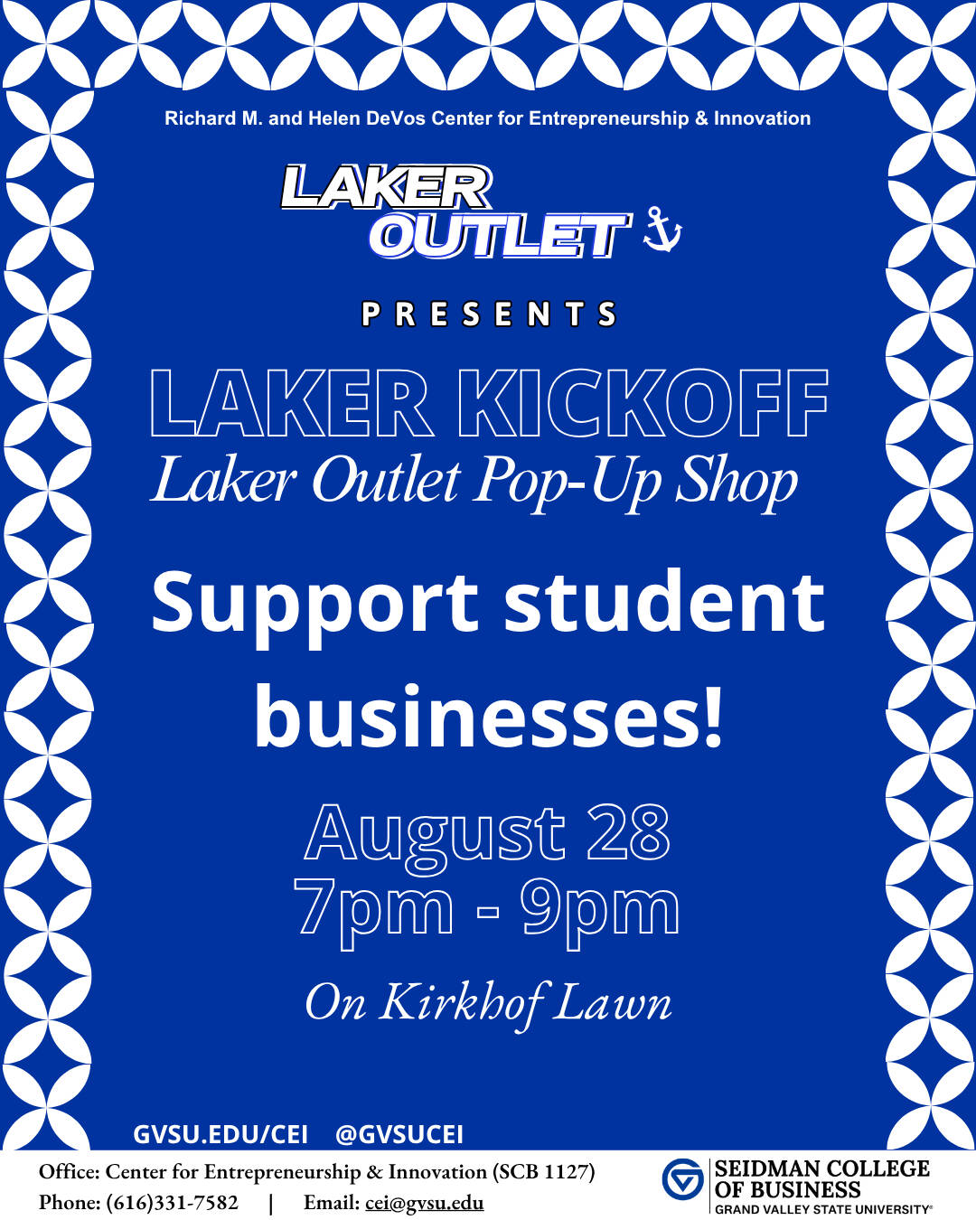 Flyer for Laker Outlet at Laker Kickoff on August 28, from 7-9pm on Kirkhof Lawn.